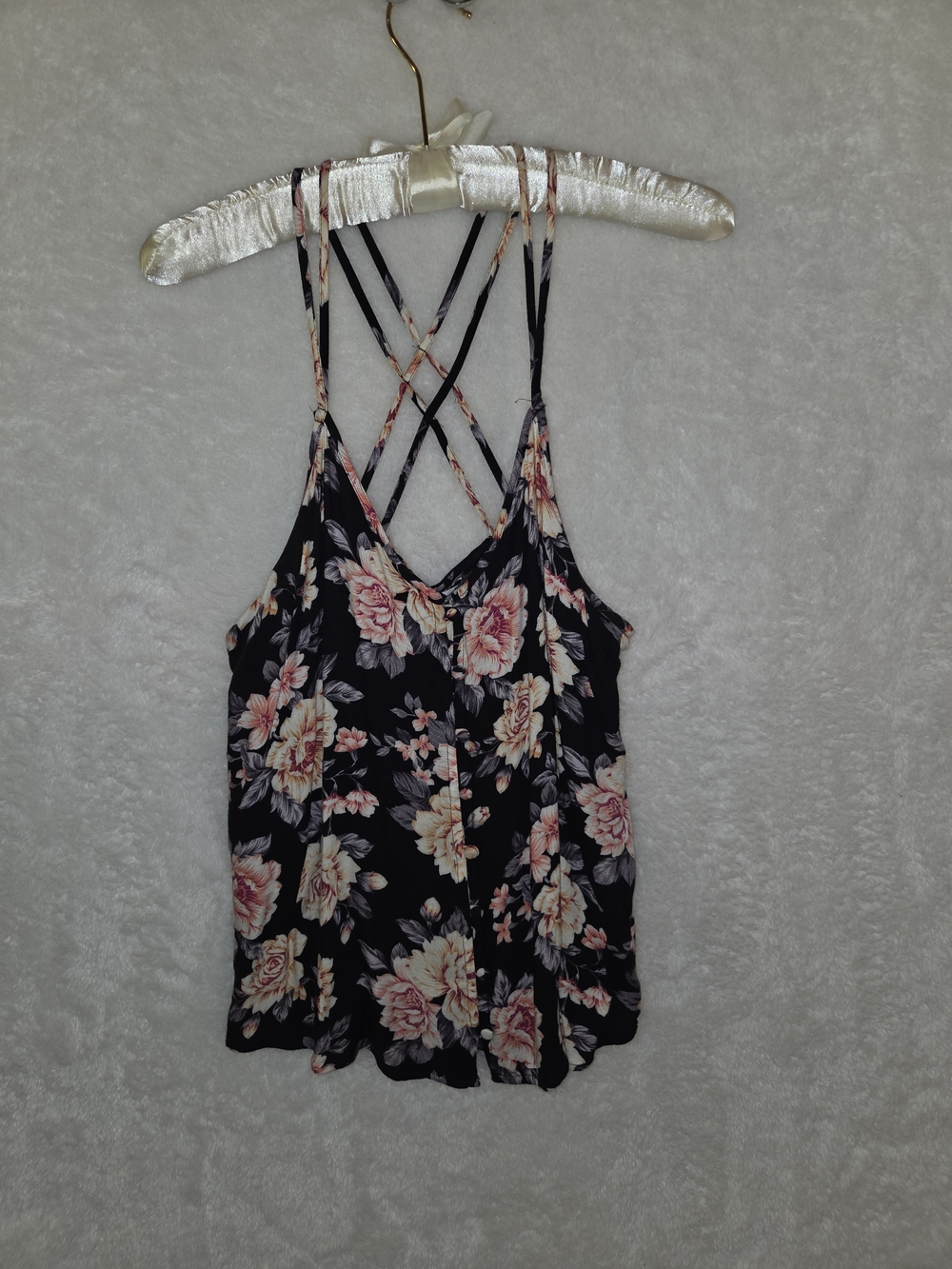 American Eagle Strappy Floral Tank  Double Criss Cross Straps Button Down Sz Sm